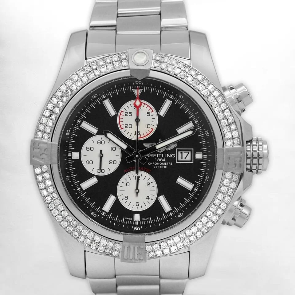 Breitling Super Avenger II 48 Auto A1337111/BC29 Custom Diam Bezel Black Dial Chrono w.B&amp;P Great Condition Third-party Appraisal 1yr Seller's Warranty