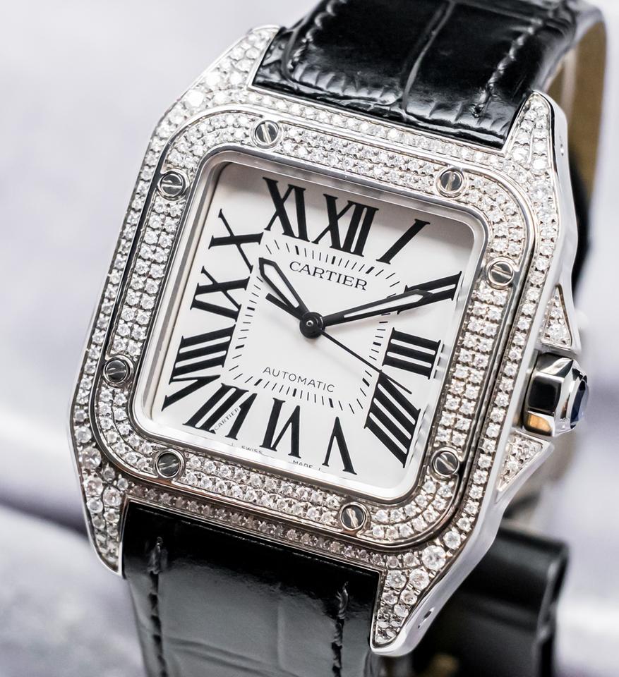 Cartier Santos 100 Medium Model Custom-Set Diamonds Silver Dial Midsize Steel Deploy Ice Out