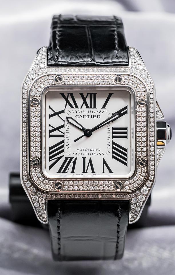 Cartier Santos 100 Medium Model Custom-Set Diamonds Silver Dial Midsize Steel Deploy Ice Out — photo 2