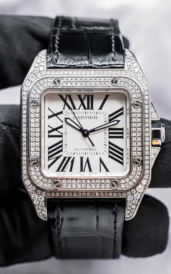 Cartier Santos 100 Medium Model Custom-Set Diamonds Silver Dial Midsize Steel Deploy Ice Out — photo 3
