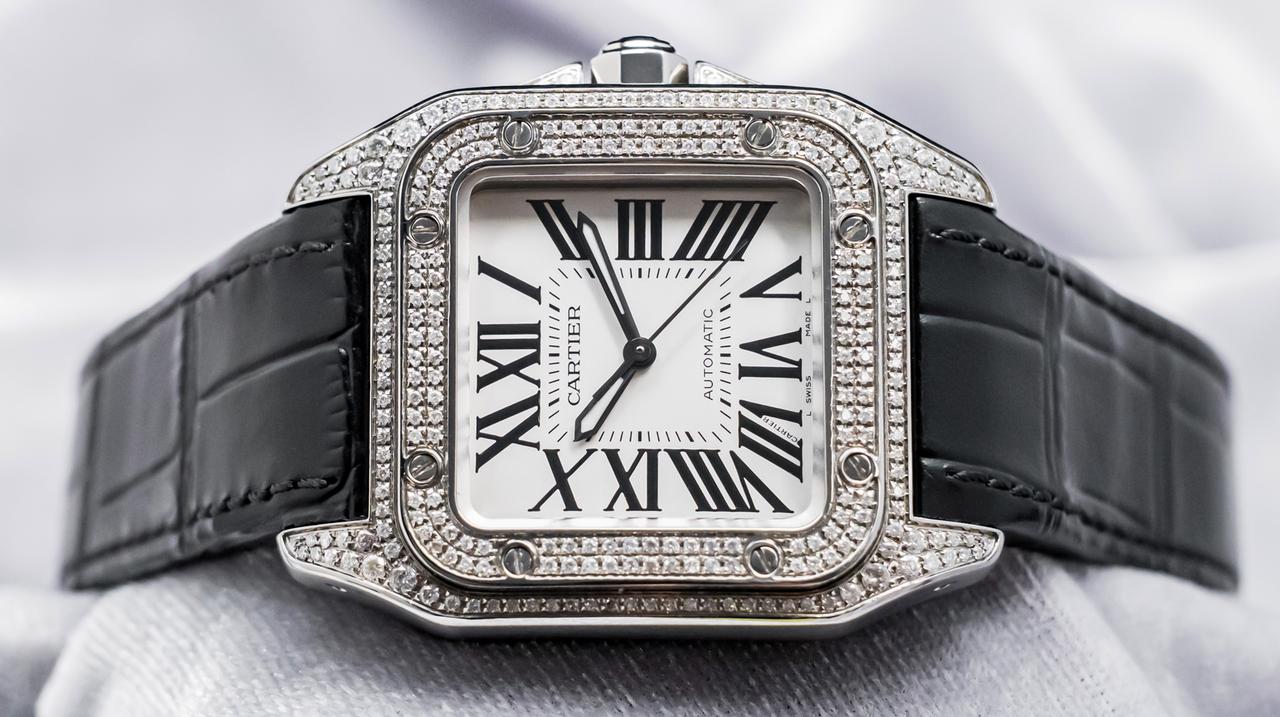 Cartier Santos 100 Medium Model Custom-Set Diamonds Silver Dial Midsize Steel Deploy Ice Out — photo 4