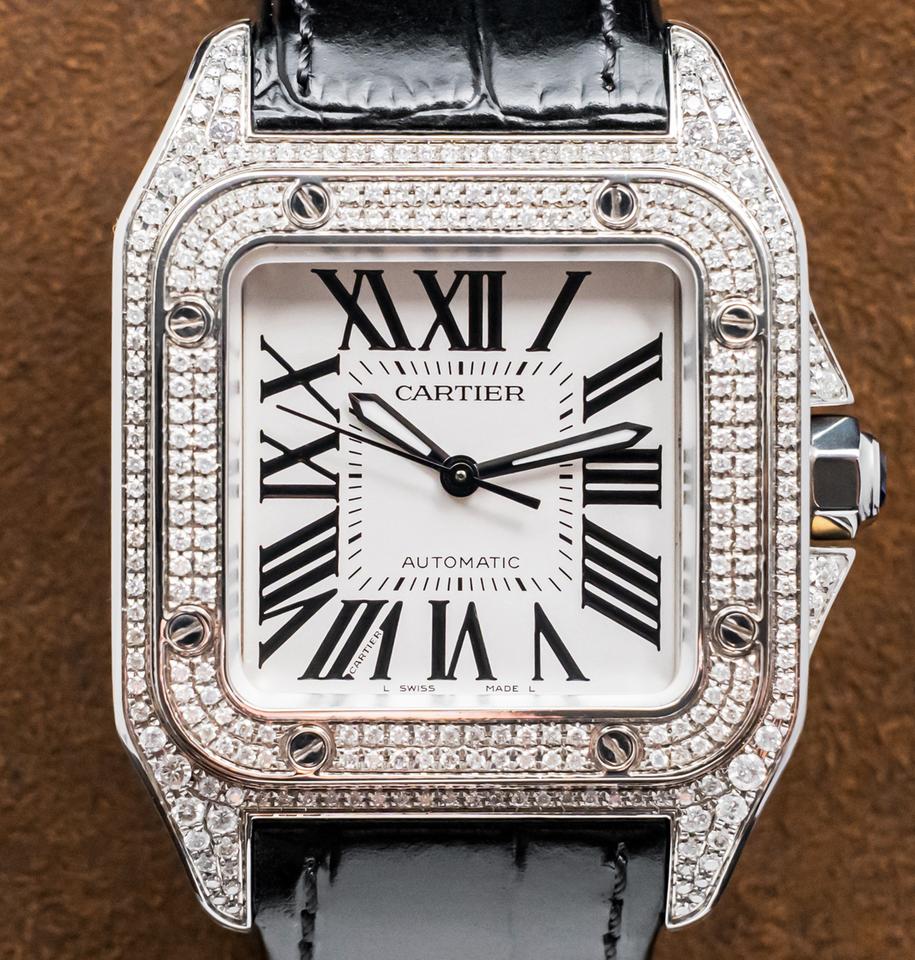 Cartier Santos 100 Medium Model Custom-Set Diamonds Silver Dial Midsize Steel Deploy Ice Out — photo 5