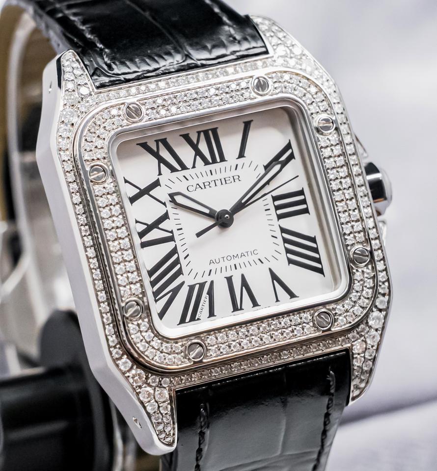 Cartier Santos 100 Medium Model Custom-Set Diamonds Silver Dial Midsize Steel Deploy Ice Out — photo 6