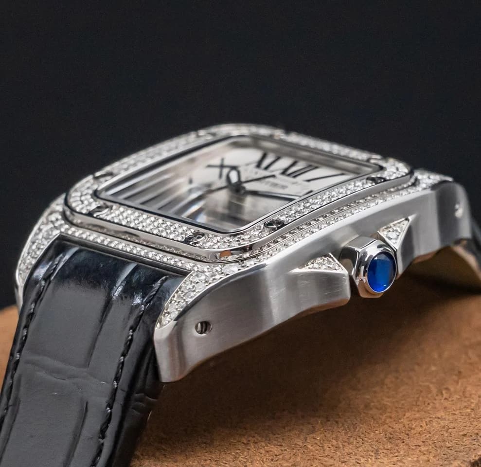 Cartier Santos 100 Medium Model Custom-Set Diamonds Silver Dial Midsize Steel Deploy Ice Out — photo 7