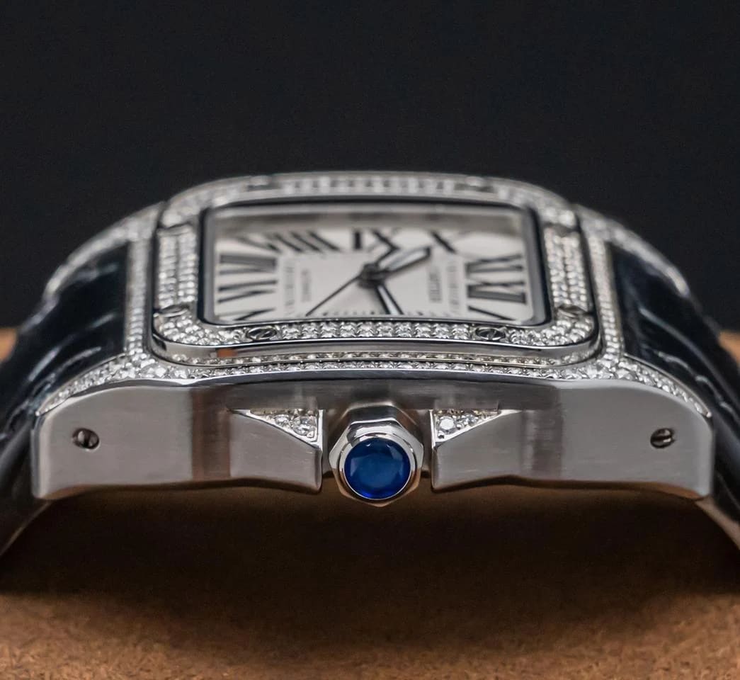 Cartier Santos 100 Medium Model Custom-Set Diamonds Silver Dial Midsize Steel Deploy Ice Out — photo 8