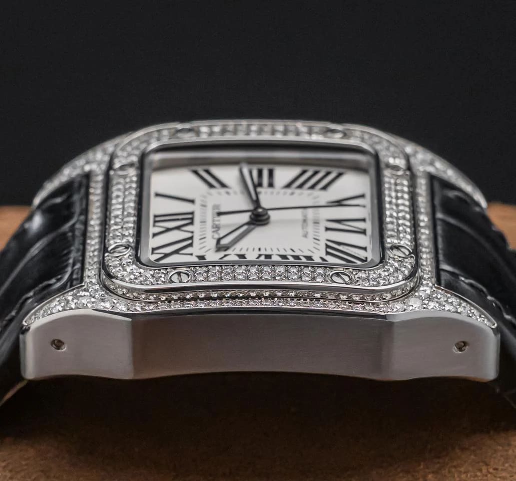 Cartier Santos 100 Medium Model Custom-Set Diamonds Silver Dial Midsize Steel Deploy Ice Out — photo 9