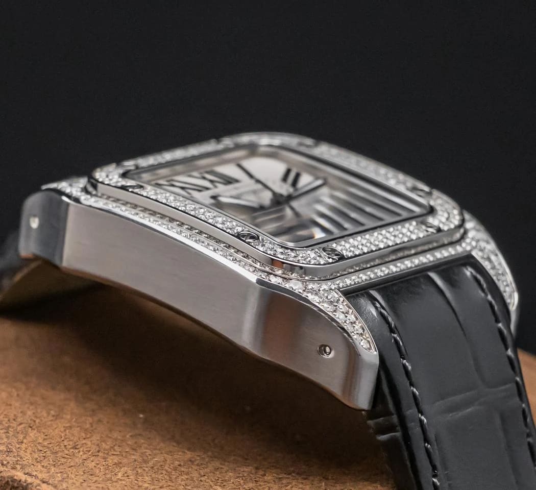 Cartier Santos 100 Medium Model Custom-Set Diamonds Silver Dial Midsize Steel Deploy Ice Out — photo 10