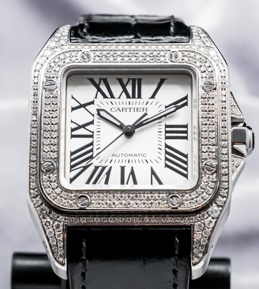Cartier Santos 100 Medium Model Custom-Set Diamonds Silver Dial Midsize Steel Deploy Ice Out — photo 11