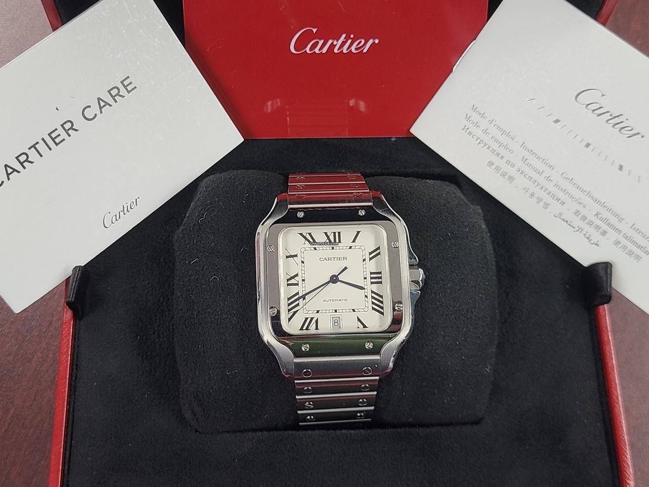 Cartier Santos De Cartier XL Size 40mm Men's Automatic Full Set Bracelet Silver Dial Blue Hands Box Papers Stainless Steel Bracelet