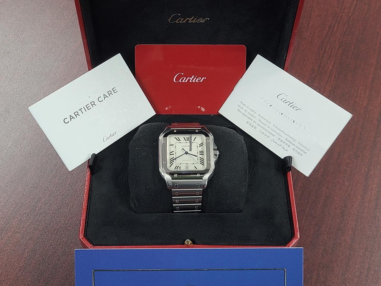 Cartier Santos De Cartier XL Size 40mm Men's Automatic Full Set Bracelet Silver Dial Blue Hands Box Papers Stainless Steel Bracelet — photo 2
