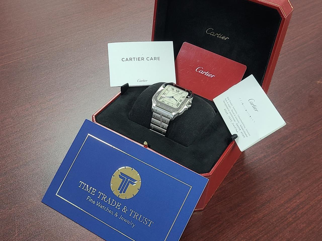 Cartier Santos De Cartier XL Size 40mm Men's Automatic Full Set Bracelet Silver Dial Blue Hands Box Papers Stainless Steel Bracelet — photo 15