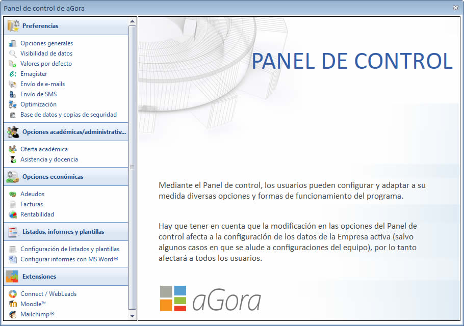 Ventana del Panel de Control de aGora