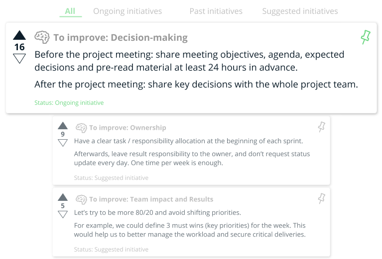 Leverage team collective intelligenecc. Use the power of the crowd to identify your next best action. Involve and empower your team in the decision-making process.