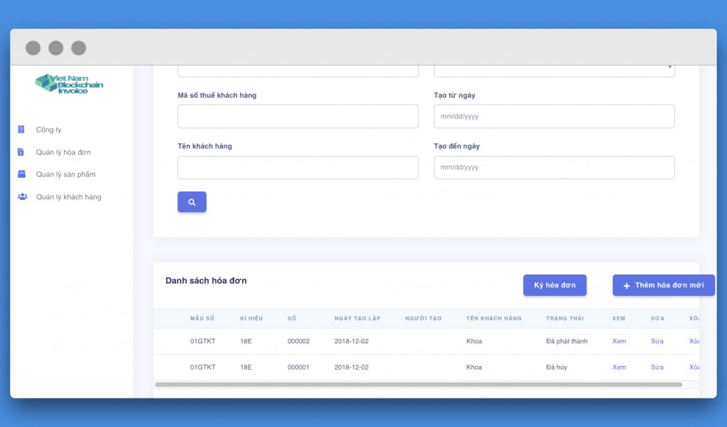 Client App: Danh sách hoá đơn