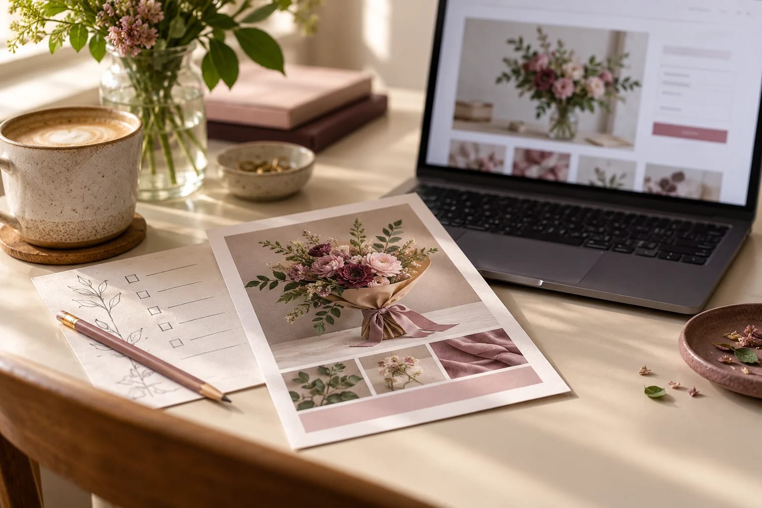 A printed florist flyer beside a laptop displaying a business website, with paper planning notes on the desk.