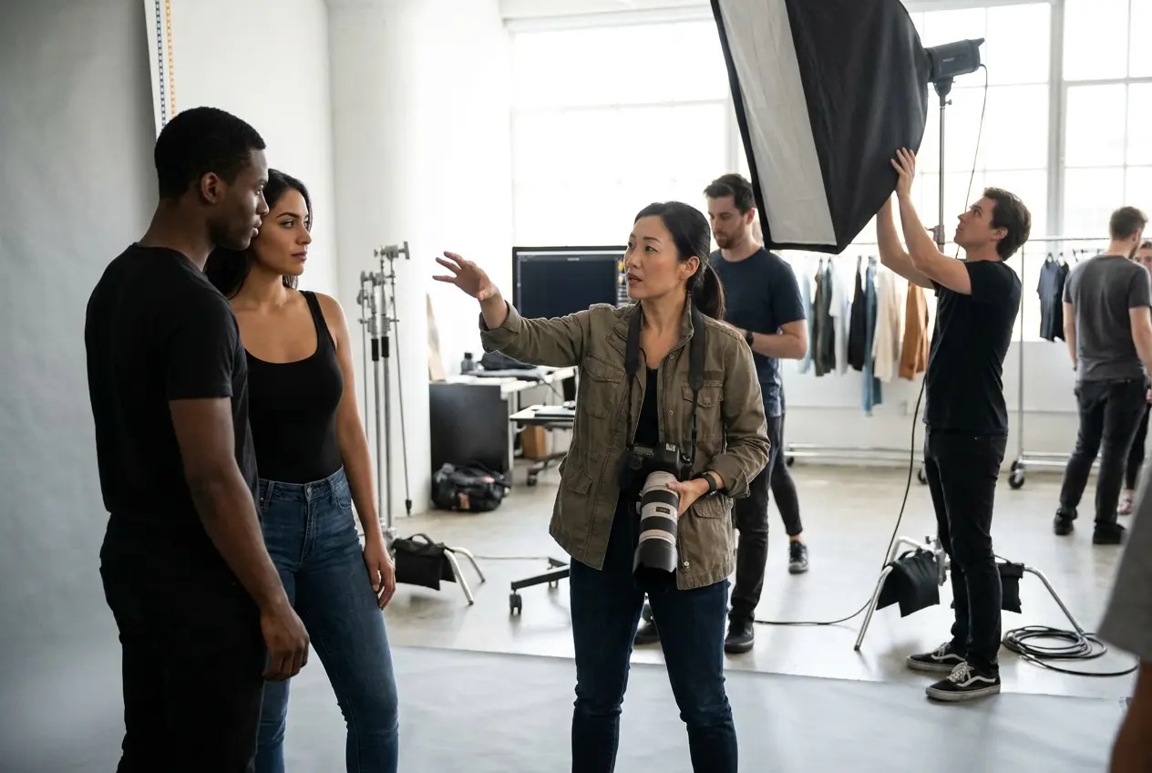 A photographer directing talent between frames