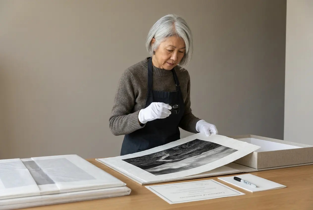 Hands inspecting a fine art photographic print