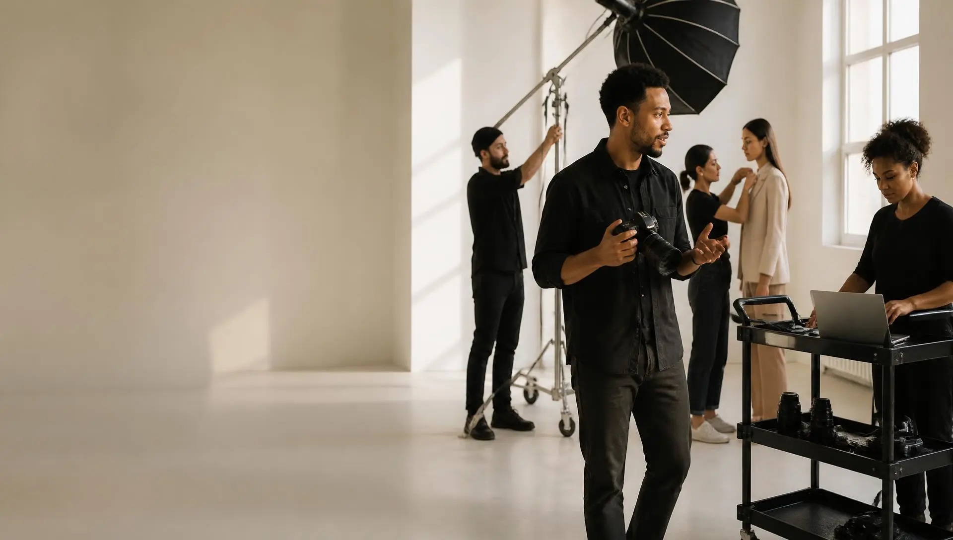 A commercial photographer working a daylight studio set with his crew around him