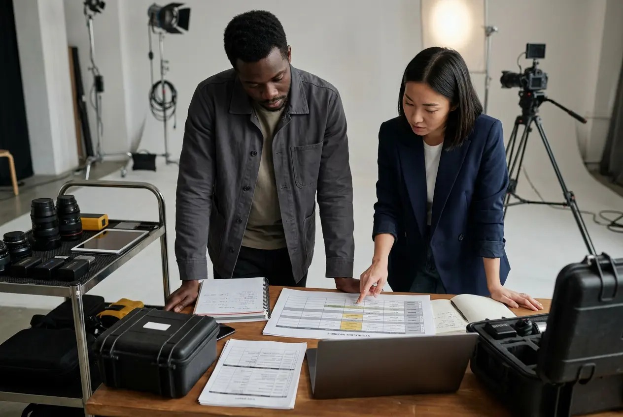 A production team planning a shoot together before call time