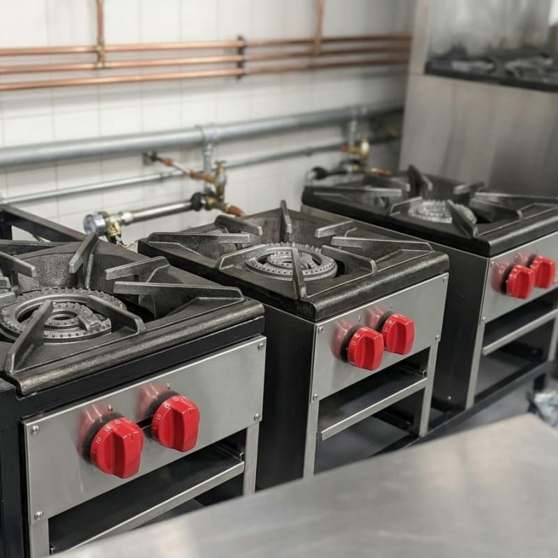 Close-up of commercial stock pot burners firing