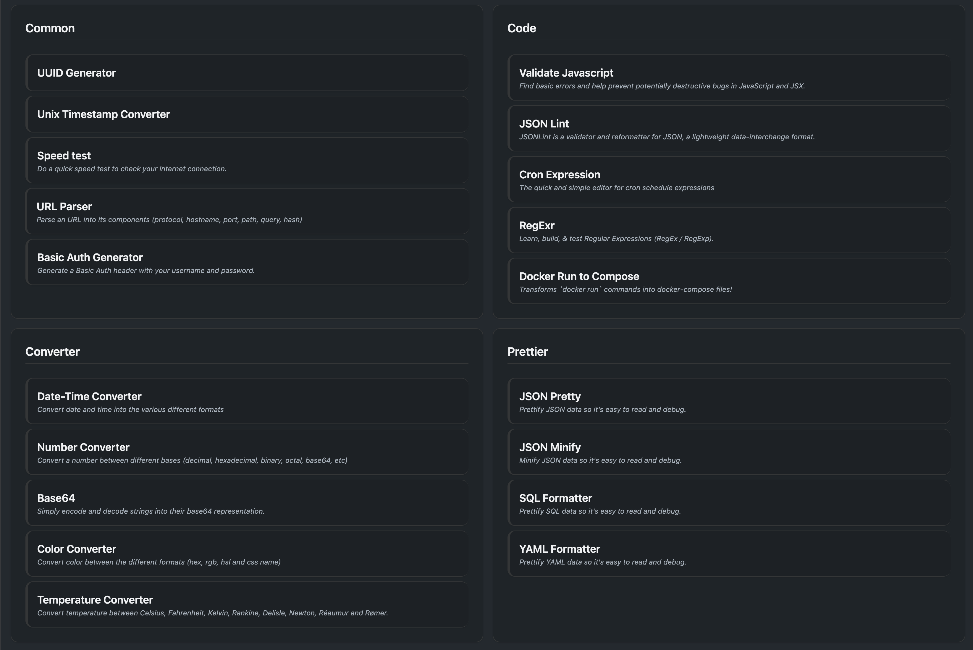 List of tools screenshot