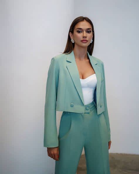 Olive Green Pantsuit for Women with Cropped Buttoned Blazer and Straight Pants