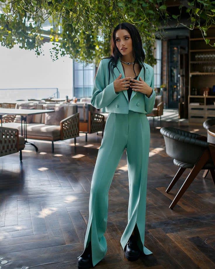 Olive Green Pantsuit for Women with Cropped Buttoned Blazer and Straight Pants