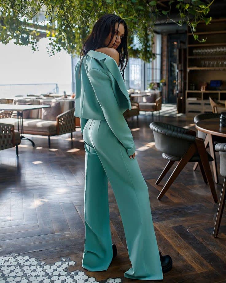 Olive Green Pantsuit for Women with Cropped Buttoned Blazer and Straight Pants