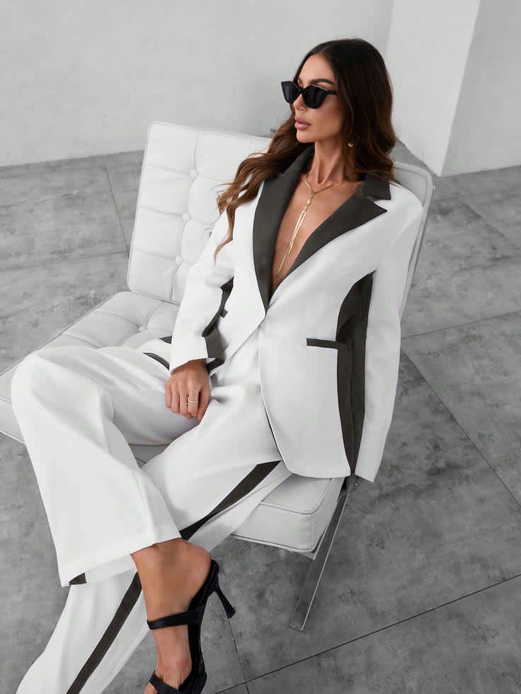 Women Color-Block Single-Breasted Jacket and Long Pants Suit