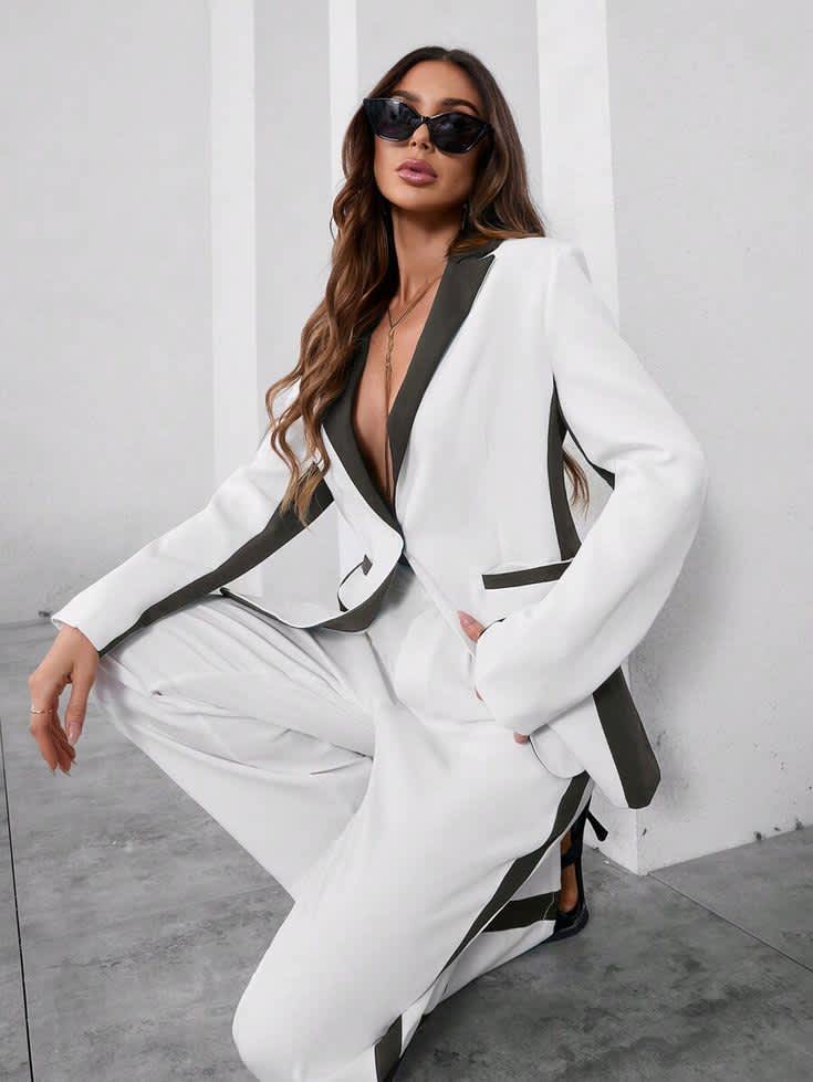 Women Color-Block Single-Breasted Jacket and Long Pants Suit