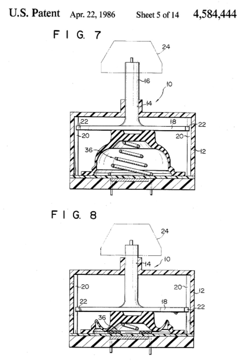Figure  SEQ Figure \* ARABIC 3: Original image from Topre’s electrocapacitive dome patent showing how the surface area of contact between the spring and dielectric medium changes as it the switch is pressed.