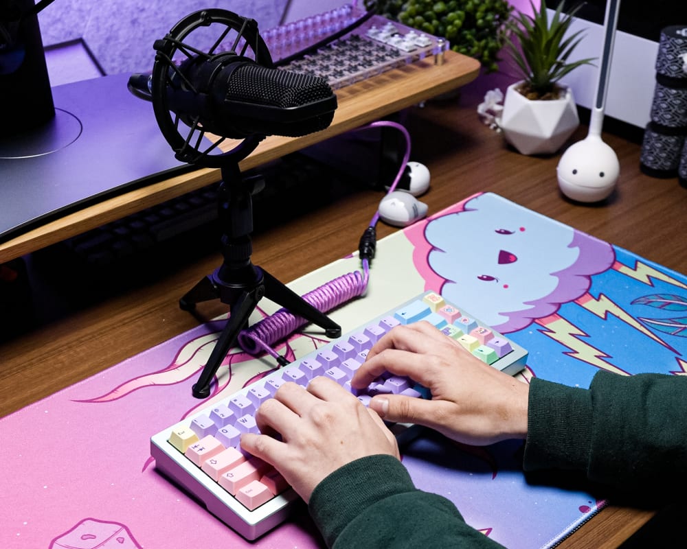 Desk Setup with Monitor, Keyboard, Microphone and Desk Mat