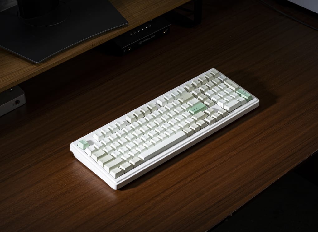 A98 Mechanical Keyboard Matcha Edition on a Wooden Desk