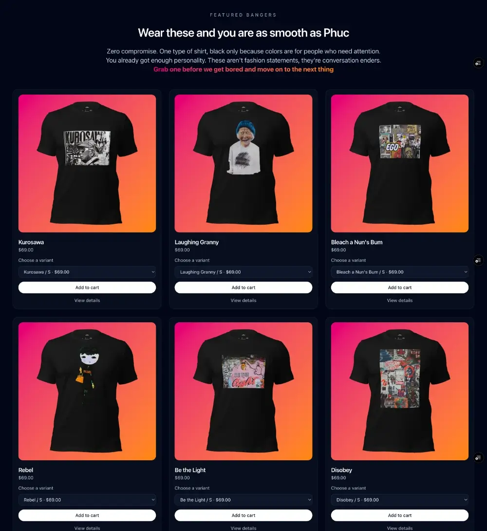 Shot of Homepage of Vispea, vispea.com, with an selection of the Vispea shirts displayed.