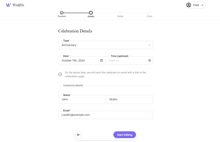 Wishflo Page Creation - Celebration Details