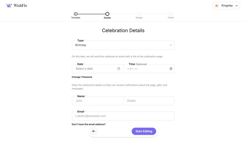 Wishflo Page Creation - Celebration Details