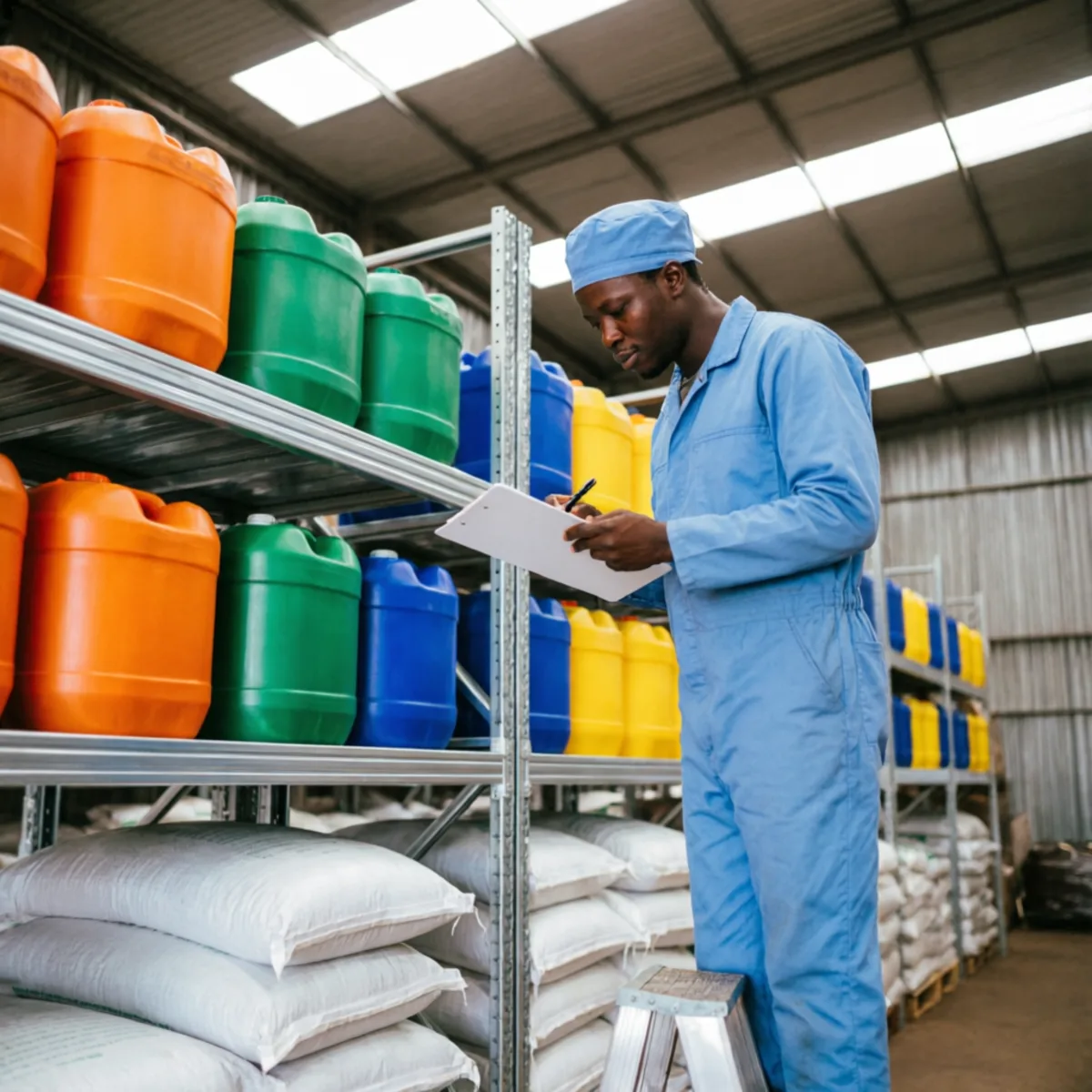 Chemicaland finished-goods store at Uzuri Godowns — packed crop nutrition products ready for dispatch