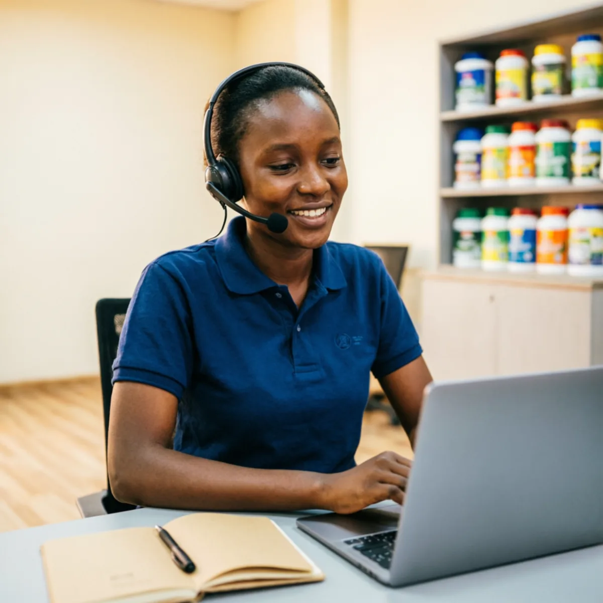 Chemicaland customer care representative with headset assisting a client at the Nairobi office