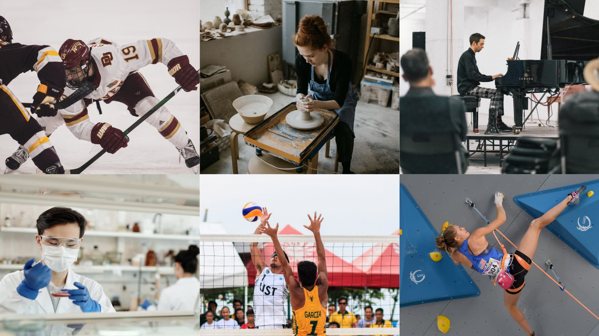 Collage of people doing sports, science, art, music
