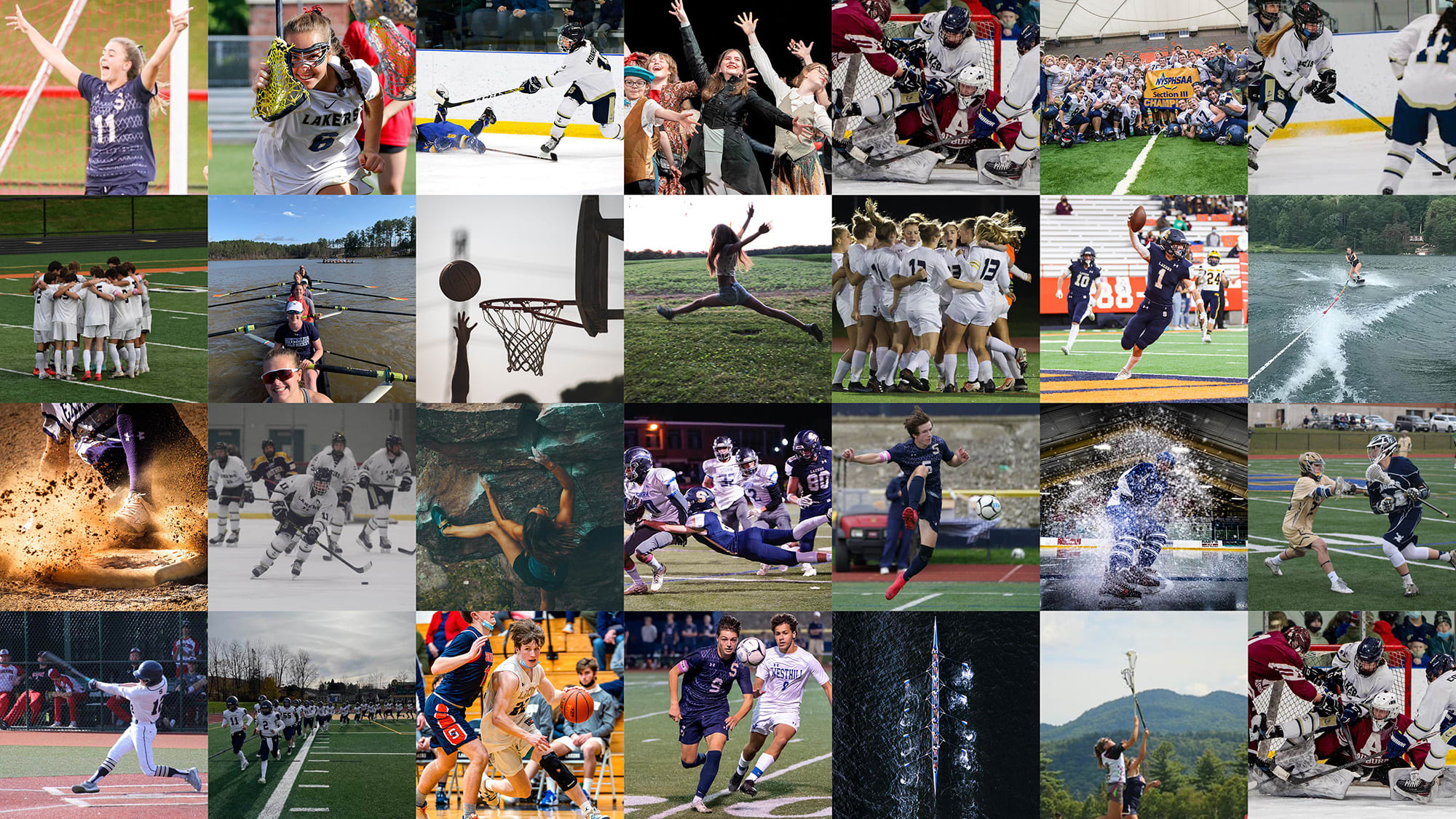 collage of people doing sports, arts, music, nature, and academics