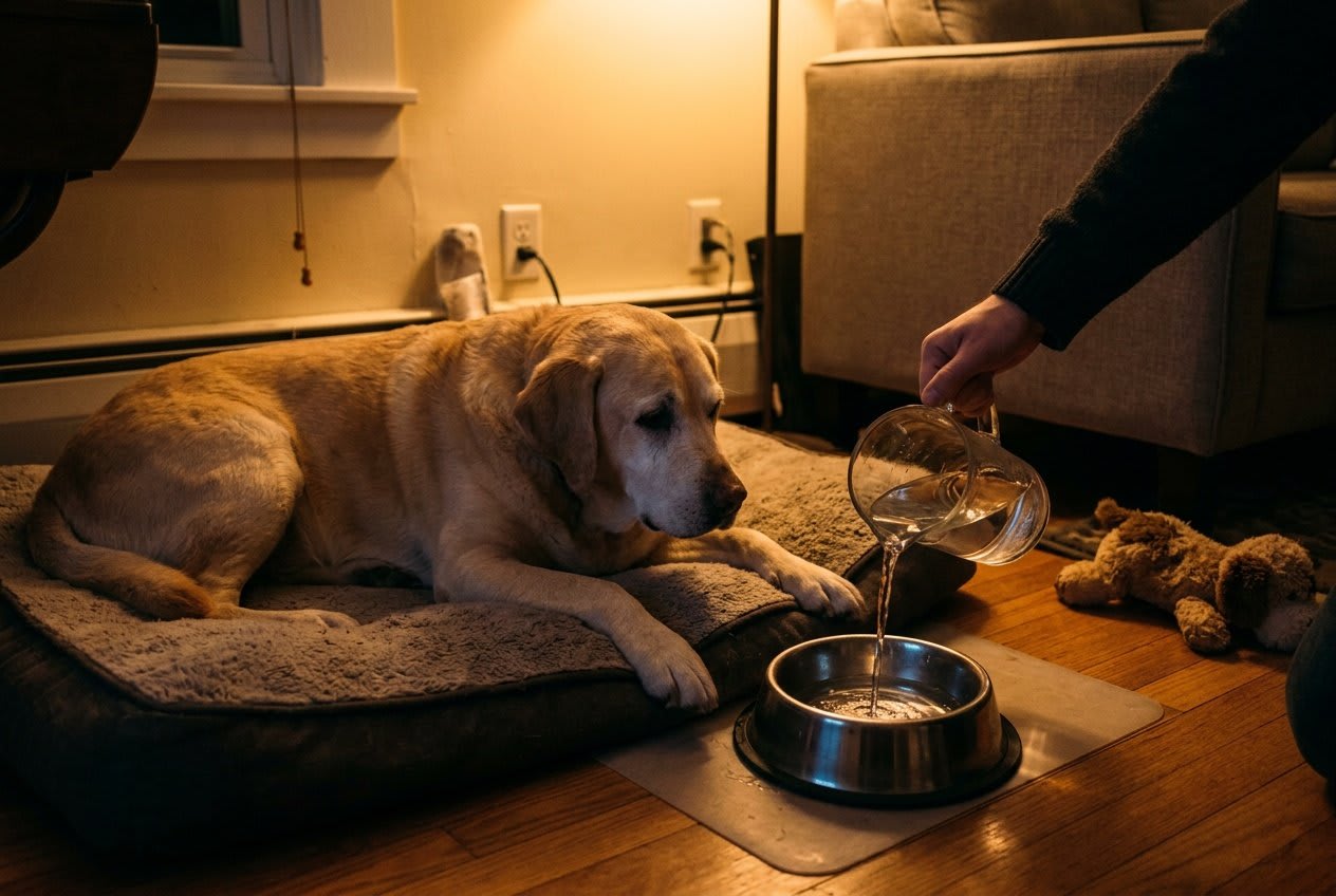 Gazdi este újratölti az idős labrador vizestálját a fekhely mellett