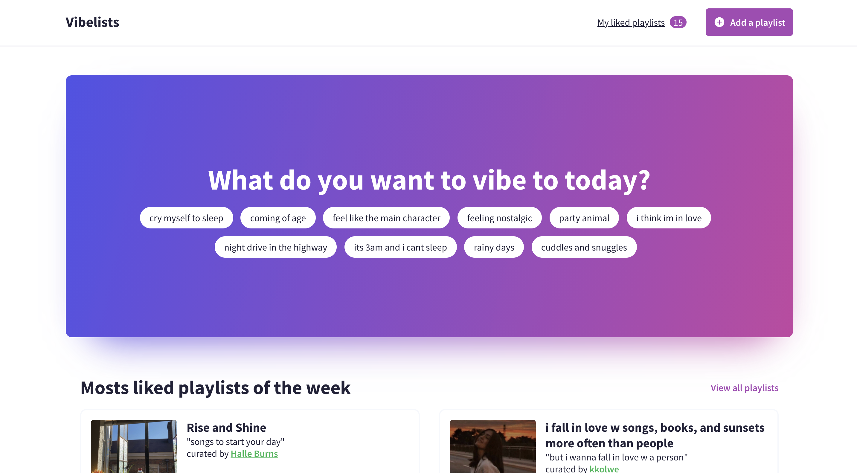 Image of landing page for vibelists.com