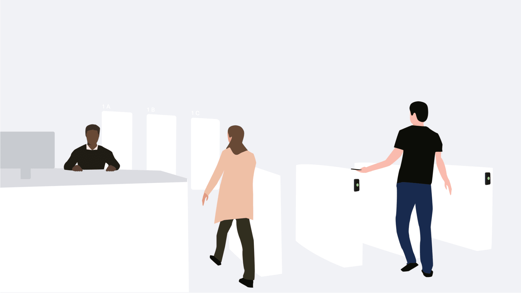 An illustration of two people entering a Kisi secured space by taping cards on turnstiles while the desk employee focuses on his core work
