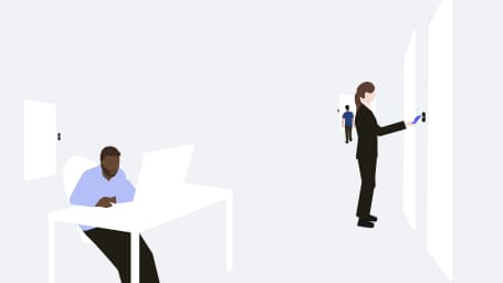 An illustration showing a person working in a flex space while two others are using Kisi to unlock doors to access their space