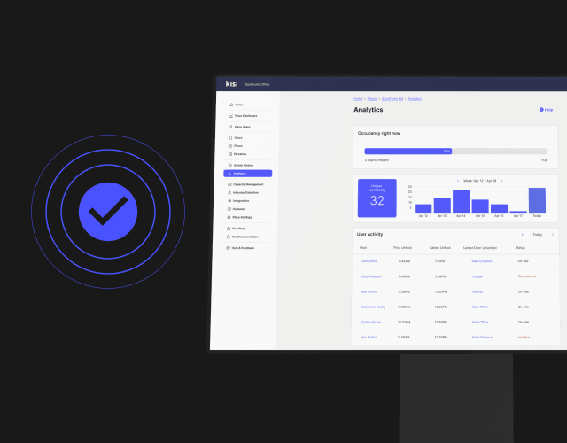 電腦的影象，上面有開啟的Kisi儀表板，旁邊有一個勾號