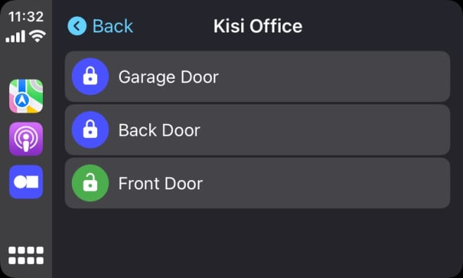 Kisi available doors to unlock on the Apple CarPlay Dashboard