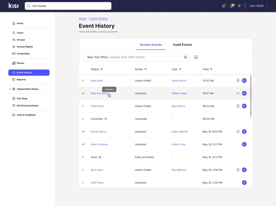 Kisi Events Dashboard with video events