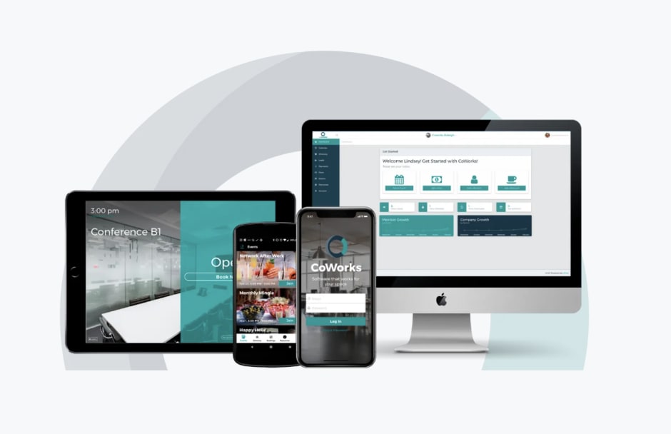 Coworks platform overview in brand colours 