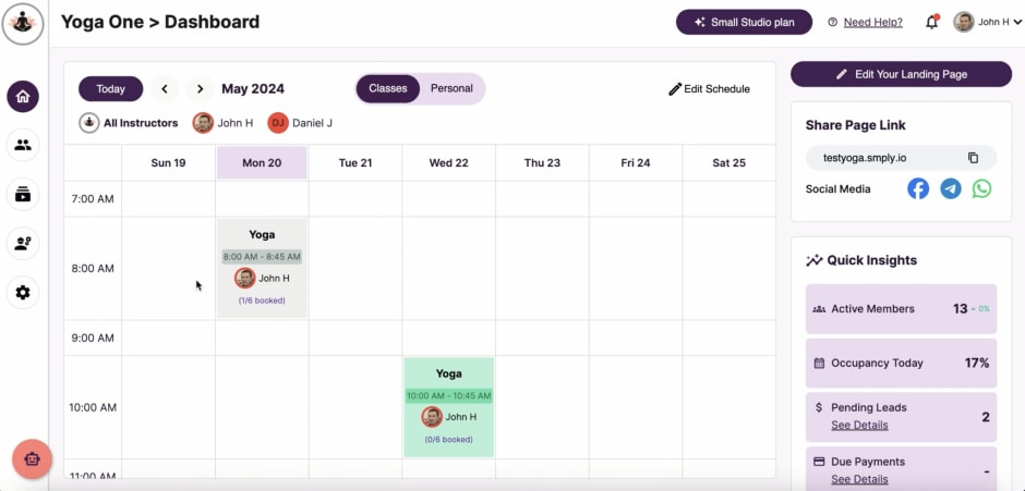 Simply Studio booking dashboard