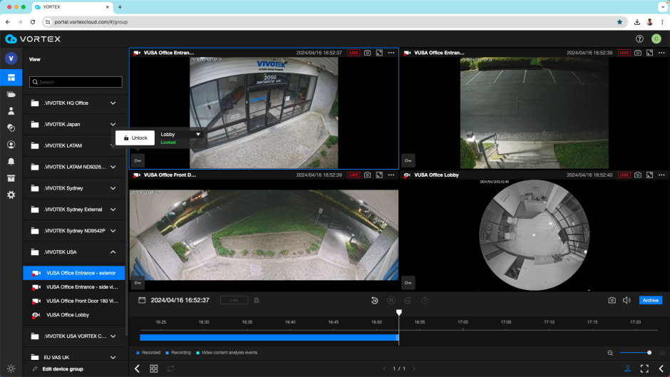 Vortex dashboard with Vivotek camera events from Kisi